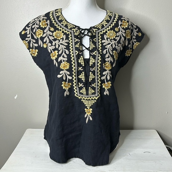 Johnny Was Tops - Johnny Was Black Lace-Up Embroidered Floral Blouse with Gold Accents